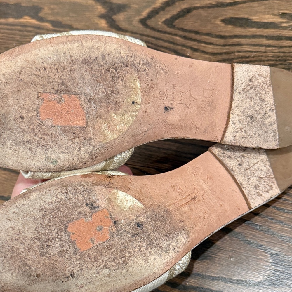 Dior Dway Gold and Beige Embroidered Slide Sandals - Picture 5 of 7